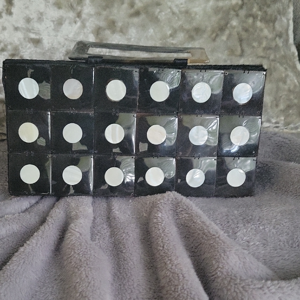 Vintage Bone & Tortoise Shell Black and White Polka Dot Clutch
